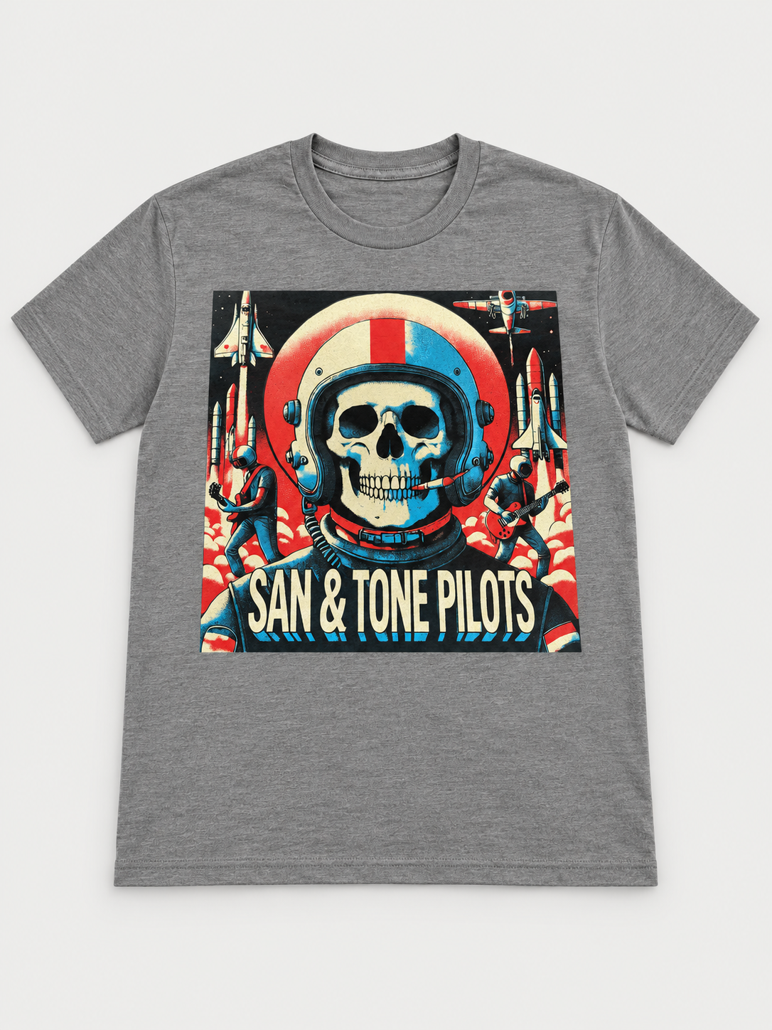 Full front of the gray San and Tone Pilots astronaut skull shirt on a clean background