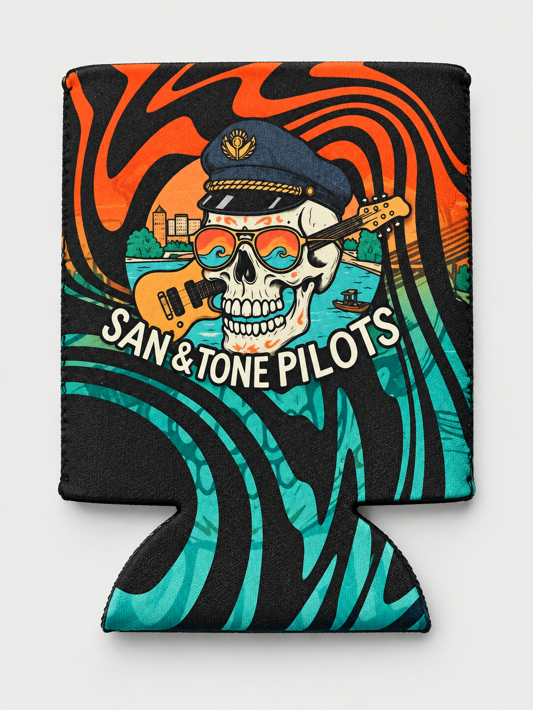 San and Tone Pilots koozie with pilot skull and orange and turquoise swirls