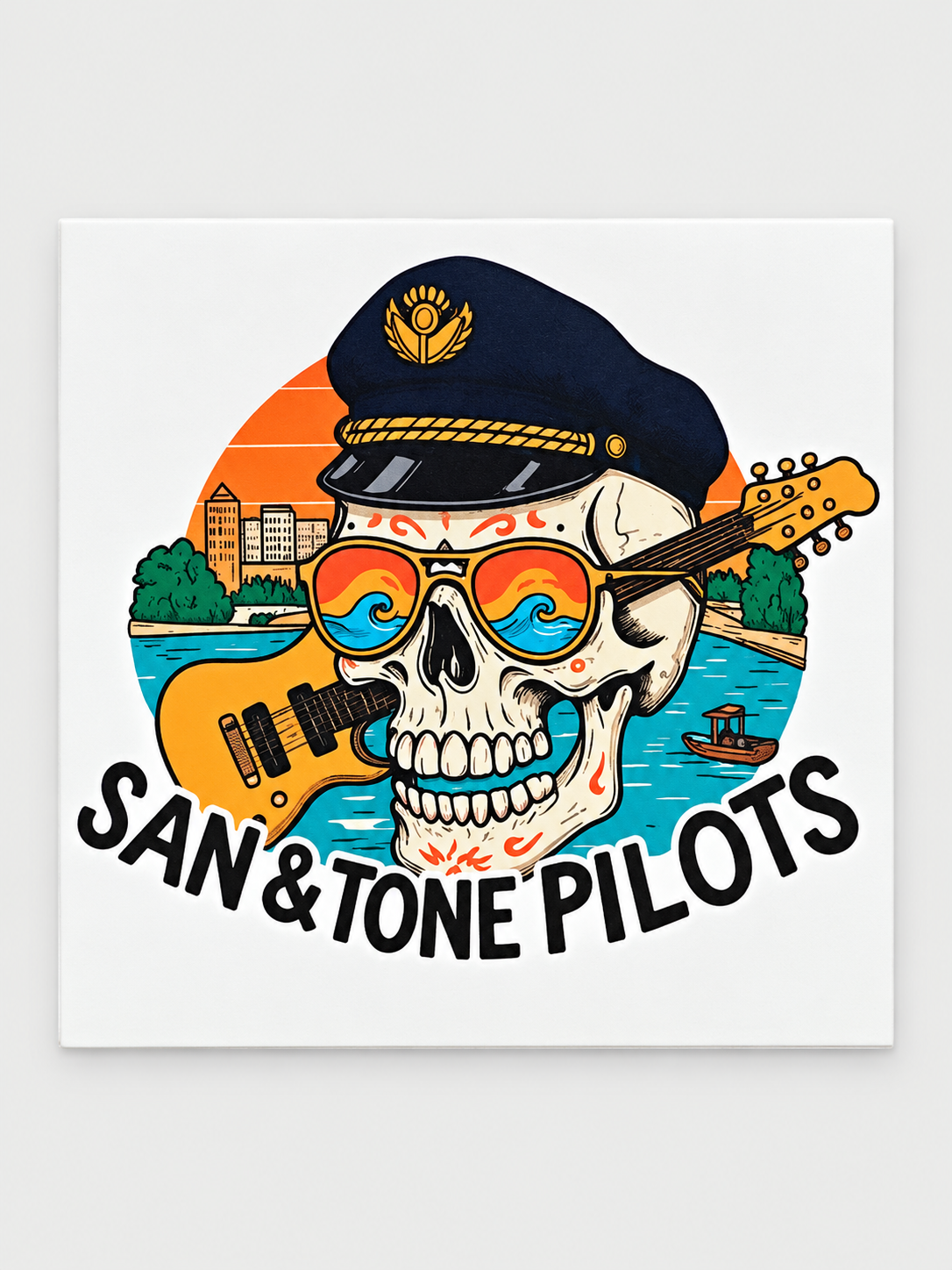 White square San and Tone Pilots sticker with pilot skull, guitar and orange sunset