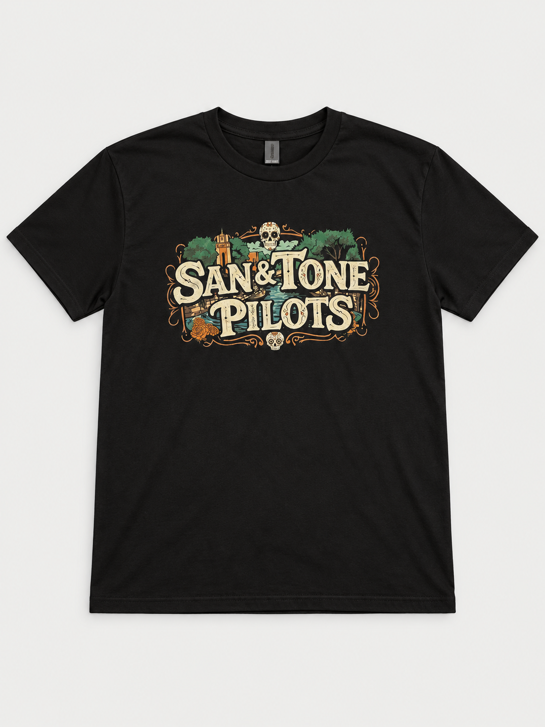 Black San and Tone Pilots shirt with San Antonio landmarks and skull artwork